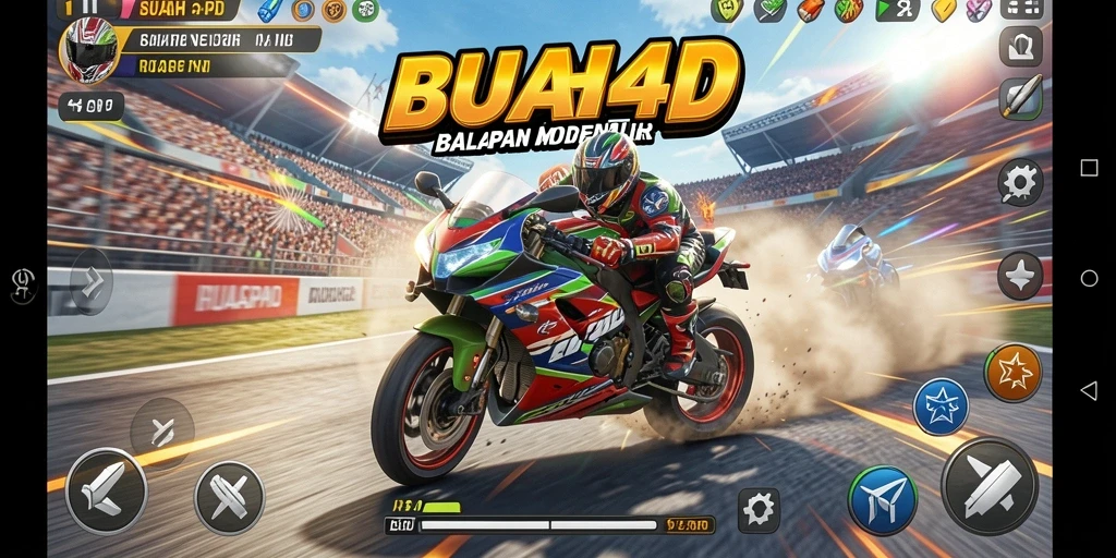 Gameplay seru BUAH4D dengan balapan motor penuh aksi.