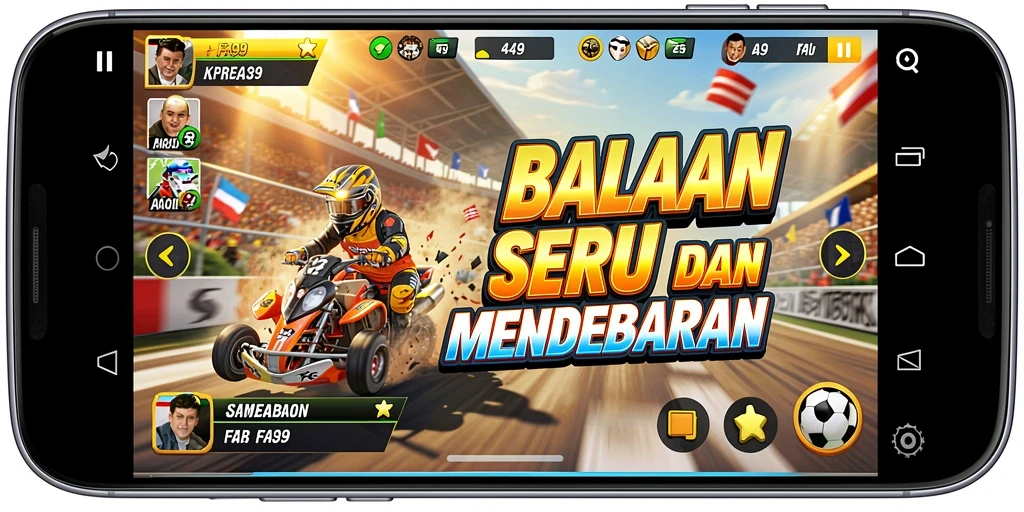 Screenshot dari gameplay FA99 yang menunjukkan balapan mendebarkan.