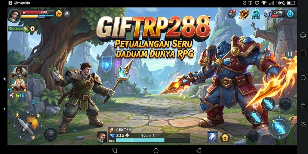 Screenshot utama GIFTRP288 menampilkan karakter sedang bertarung dalam pertempuran RPG yang epik.