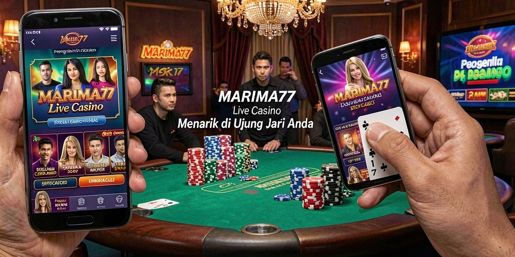 Screenshot gameplay MARIMA77 menampilkan dealer profesional dan suasana kasino hidup.