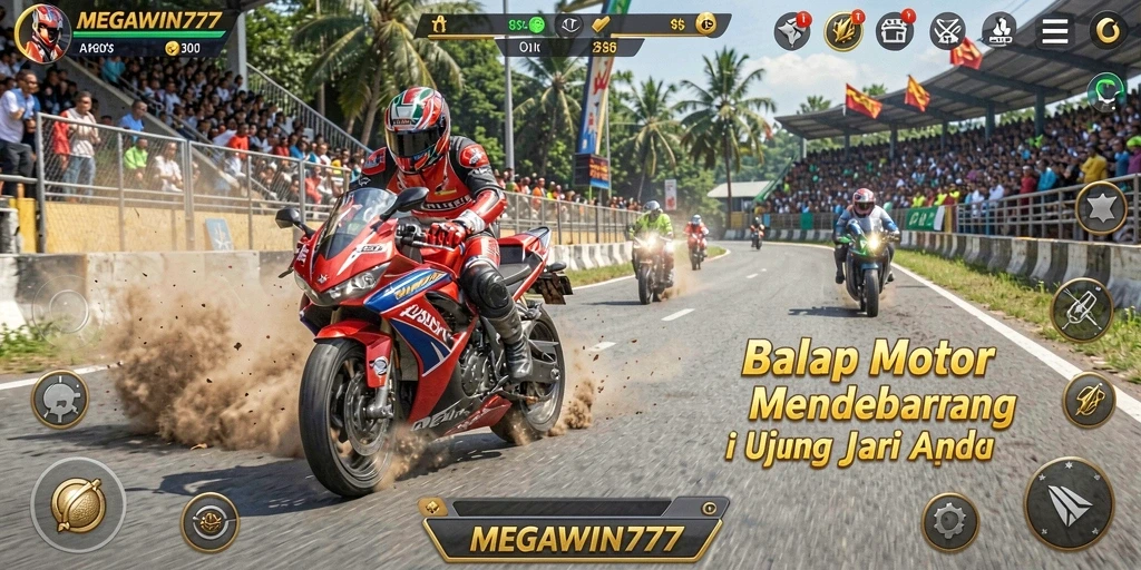Tampilan gameplay MEGAWIN777 dengan aksi balap motor yang mendebarkan.